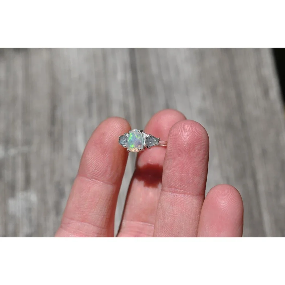 Sterling Silver Opal & Montana Sapphire Ring - Size 5